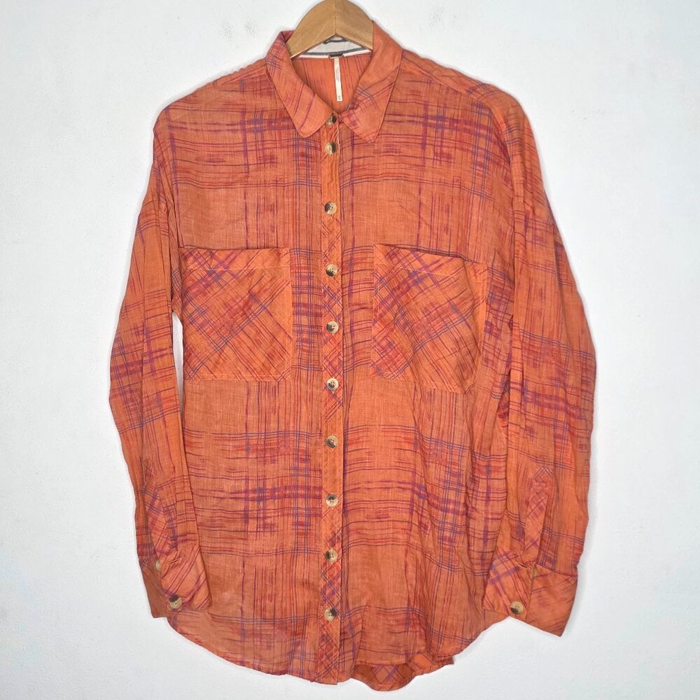 Free People Shore Vibes Button Down Top Printed Long Sleeve Shirt Orange Medium